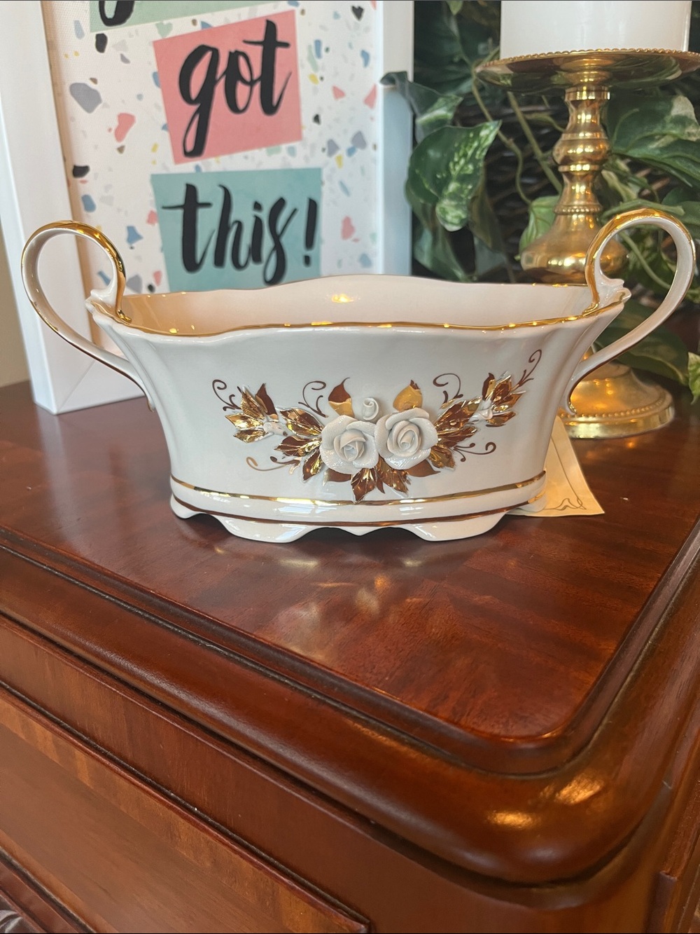 FENIX White and Gold Porcelain Decorative Serving Bowl with Handles